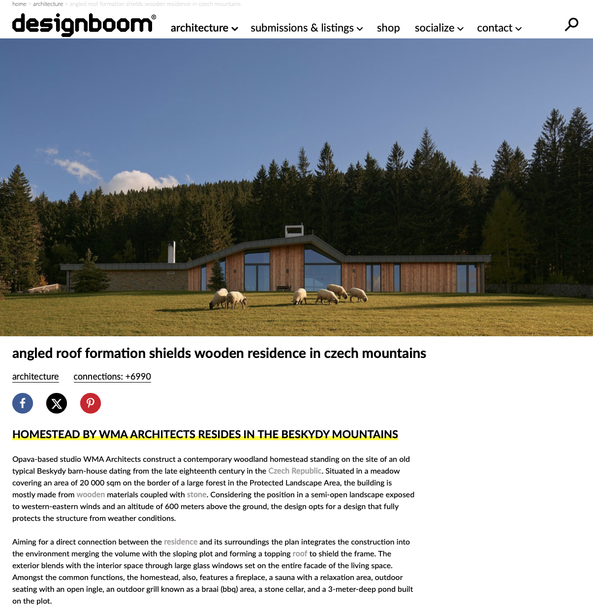 Angled roof formation shields wooden residence in czech mountains